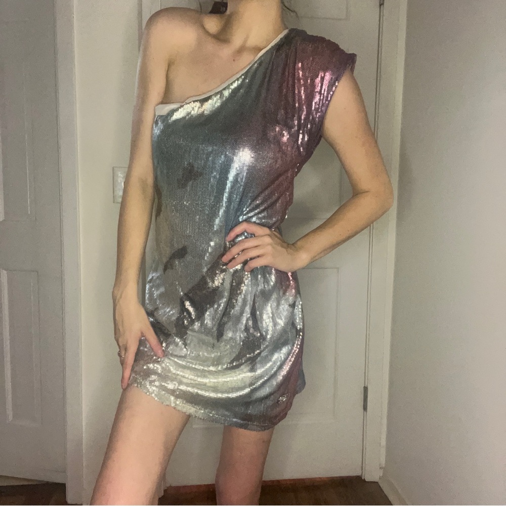 Apple Bottoms Metallic One-Shoulder Mini Dress, Size Large